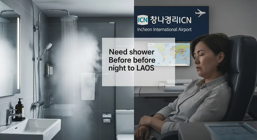 인천라오스 밤비행기 탑승 전 샤워하는 모습
