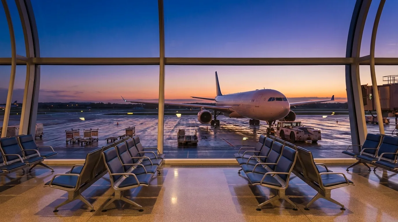 해질 무렵 공항 대기석에서 보이는 항공기